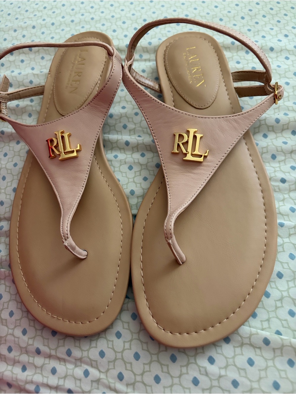 Ralph Lauren Blush Pink Leather Thong Sandals with Gold RLL Emblem